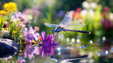 A stunning dragonfly rests delicately on vibrant flowers beside a serene water surface, capturing the beauty of nature in this tranquil setting.の素材