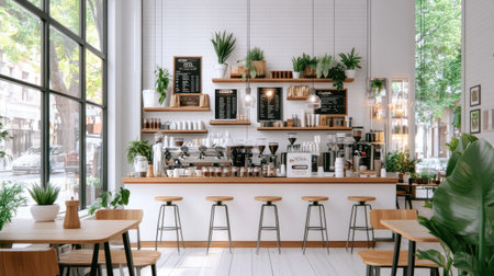 A bright and inviting coffee shop interior featuring modern decor, lush plants, and a cozy atmosphere. Perfect for relaxation, work, or socializing.の素材