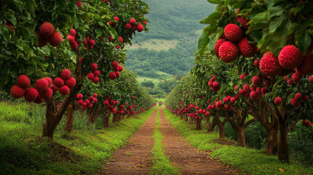 A beautiful pathway lined with lychee trees heavy with vibrant red fruit, set against a lush green landscape. This image captures the essence of rural tranquility and abundant harvest.の素材