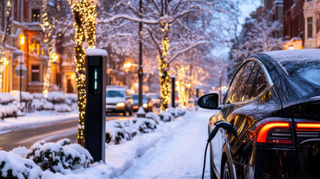 A sleek electric vehicle is charging on a snowy city street adorned with twinkling lights. This serene winter scene captures the blend of modern technology and natural beauty.の素材