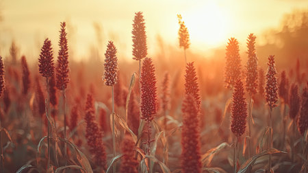 A stunning view of a sorghum field basking in golden sunlight during sunset, showcasing the beauty of nature and agriculture in a serene landscape.の素材