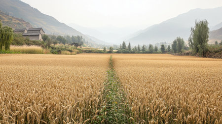 A stunning view of golden wheat fields stretching towards the horizon, with soft morning light illuminating the surrounding hills and trees, promoting a serene atmosphere.の素材