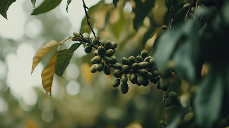 A close-up view of a lush green fruit bunch hanging delicately on a branch. The surrounding foliage enhances the natural beauty, showcasing growth and vitality.の素材