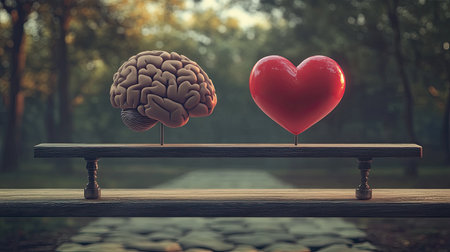 A captivating visual representation of the balance between mind and heart, set in a serene natural environment, highlighting the interplay between emotion and logic.の素材