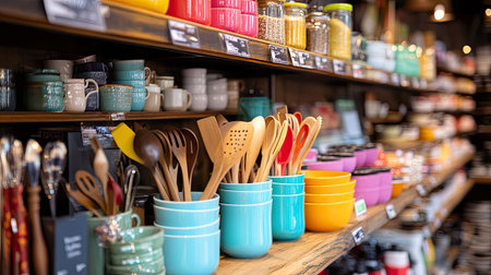 A vibrant display of colorful kitchenware and utensils is organized beautifully on wooden shelves, creating an inviting atmosphere perfect for any cooking space.の素材