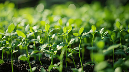 Lush green seedlings stretch toward soft sunlight, symbolizing new growth and vitality. A testament to nature's beauty and potential for flourishing life.の素材