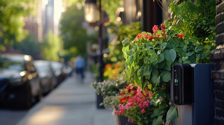A picturesque urban scene showcasing vibrant flowers and lush plants adorning the sidewalk. The warm afternoon light enhances the beauty and charm of the neighborhood.の素材