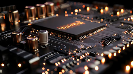 A stunning close-up view of a high-tech circuit board featuring illuminated components, showcasing the complexity and sophistication of modern electronics technology.の素材