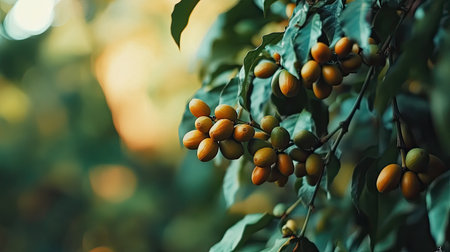 A stunning display of ripe yellow fruits clinging to a lush, green branch, showcasing the beauty of nature and the freshness of organic growth in a sunlit environment.の素材