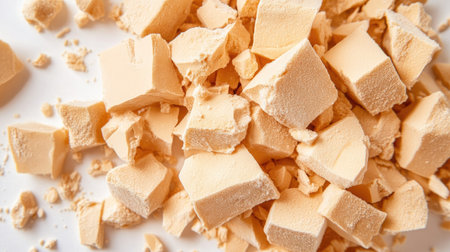 A close-up image of crushed orange sugar cubes piled together, showcasing their texture and color. Perfect for food styling and culinary applications.の素材