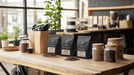 Discover a warm and inviting cafe scene showcasing coffee beans, elegant packaging, and greenery. Ideal for coffee lovers and interior design enthusiasts.の素材