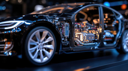 A highly detailed model showcasing the inner workings of a modern electric vehicle, emphasizing innovative technology and sleek design elements.の素材