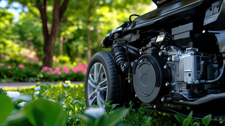 This close-up image showcases an electric vehicle engine set against a vibrant park backdrop, highlighting technological innovation in a natural environment.の素材