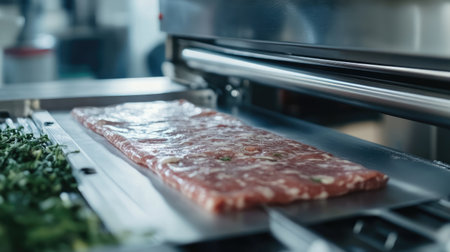 A close-up view of raw meat being processed on an industrial conveyor in a commercial kitchen, highlighting food preparation technology and hygiene practices.の素材