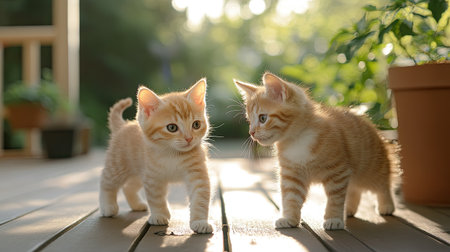Two adorable kittens explore a sunlit deck, surrounded by vibrant greenery, capturing playful moments filled with curiosity and joy.の素材
