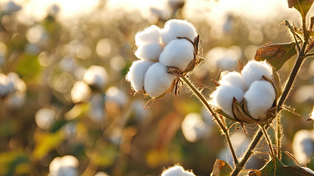 A close-up view of a cotton plant displaying fluffy white bolls with a softly blurred background. The image captures the essence of agricultural beauty in nature.の素材