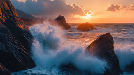 Breathtaking sunset view over rocky coastline where waves crash with energy. A scene capturing the beauty of nature during golden hour, ideal for travel and adventure themes.の素材