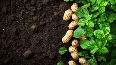This image captures fresh peanuts nestled in rich soil alongside vibrant green plant leaves, showcasing the beauty of agricultural growth and natural food production.の素材