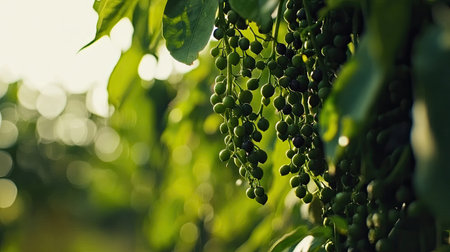 Vibrant fresh green grapes dangle gracefully from a vine, illuminated by soft natural light. This image evokes feelings of freshness and growth.の素材