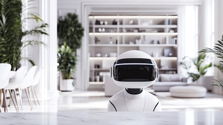 A charming futuristic robot stands in a bright, minimalist room, showcasing the harmony between technology and modern interior design. The inviting atmosphere enhances creativity and innovation.の素材