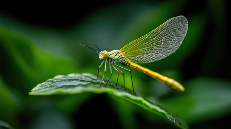 A striking close-up of a vibrant green insect with delicate wings, perched on a lush leaf, showcasing nature's intricate beauty and vivid colors. Perfect for nature enthusiasts.の素材