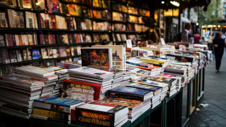 A vibrant book display at an outdoor market stall showcases a variety of titles, creating a colorful backdrop as people browse nearby.の素材