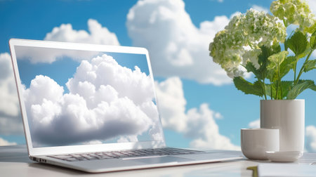 A serene workspace featuring a white laptop displaying fluffy clouds, complemented by a potted plant and a coffee cup, ideal for inspiration and creativity.の素材