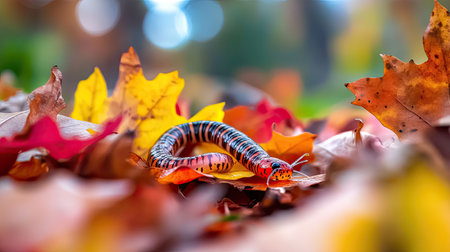 A colorful caterpillar rests on a bed of vibrant autumn leaves, showcasing the beauty of nature during the fall season in a serene outdoor setting.の素材