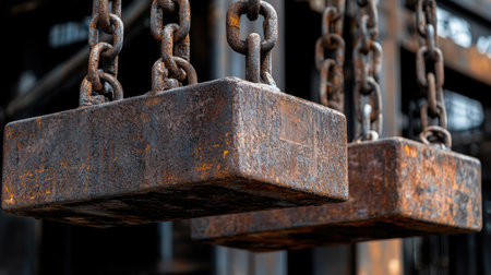 Close-up view of heavy metal blocks suspended by rusty chains in an industrial environment. The image highlights texture, strength, and durability.の素材