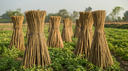 This image showcases neatly stacked hay bales in an agricultural field, bathed in soft morning light, surrounded by lush greenery and tranquility.の素材