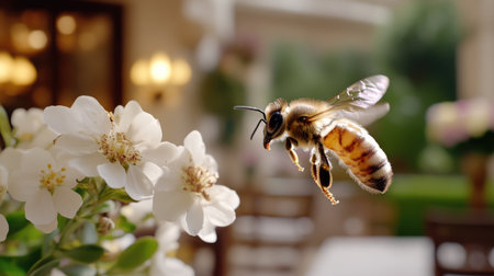 A close-up shot of a busy honeybee in flight, gathering nectar from a white flower in a vibrant garden, showcasing the beauty of nature and pollination.の素材