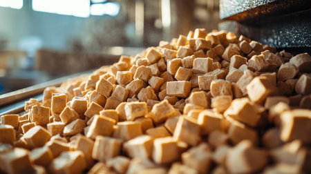 A close-up view of a pile of raw sugar cubes illuminated by sunlight, showcasing their unique texture and shape in an industrial setting. Ideal for food-related concepts.の素材
