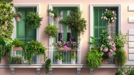 A beautiful display of balcony gardens featuring vibrant flowers and lush greenery. This charming scene captures the essence of urban gardening and outdoor decor.の素材