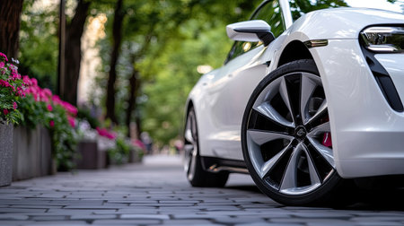 A sleek white sports car parked amidst lush flower planters and trees in a vibrant urban setting, highlighting modern design and luxury in a picturesque environment.の素材