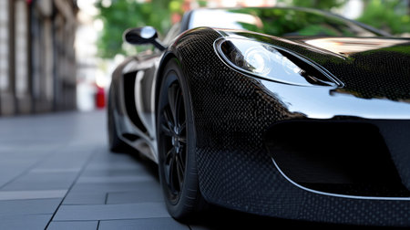 A stunning black sports car showcased on an urban street, highlighting its sleek design and modern features, perfect for automotive enthusiasts or city life themes.の素材