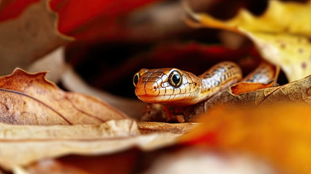 A stunning close-up of a snake camouflaged among vibrant autumn leaves, showcasing the beauty of wildlife in its natural habitat. The intricate details highlight the serene environment the snake inhabits.の素材