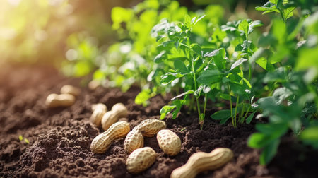 A close-up view of peanuts nestled in rich soil, accompanied by vibrant green herbs under soft natural light, highlighting agricultural beauty and growth.の素材