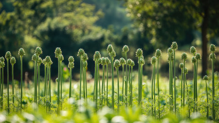 A captivating scene of green stems with round blooms rising in a sunny field. The vibrant composition highlights the beauty of nature and growth.の素材