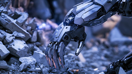 A detailed view of a futuristic robotic arm with metallic claws emerging from rubble, showcasing advanced technology in a sci-fi setting.の素材