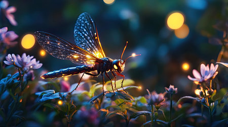 A mesmerizing close-up of a luminous insect perched on flowers, with ethereal lights twinkling in the enchanting night sky, showcasing the beauty of nature.の素材