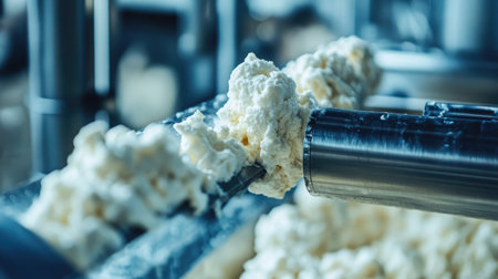 Close-up of creamy fresh cheese being produced in a modern dairy facility, showcasing the unique texture and innovative equipment used in the process.の素材