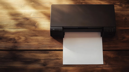 A top view of a printer on a wooden table, showcasing a blank page ready for printing. The soft natural light enhances the workspace's calm and professional atmosphere.の素材