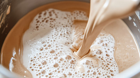 Close-up of a creamy coffee mixture being poured from a mixing bowl, showcasing rich textures and frothy bubbles, perfect for illustrating beverage preparation.の素材