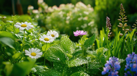 A serene garden scene showcasing colorful flowers and dewy leaves, capturing the essence of nature's beauty. Perfect for nature enthusiasts and gardening lovers.の素材