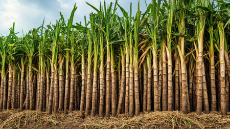 Vibrant sugar cane field with tall green stalks standing proudly under a bright sky, emphasizing the richness of agricultural life and growth.の素材