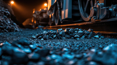 A detailed close-up of black coal pieces on the ground with mining equipment in the background. The image captures the industrial nature of coal extraction, highlighting texture and shadows.の素材