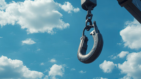 A heavy metal hook hangs suspended against a vibrant blue sky filled with fluffy clouds, showcasing industrial equipment used for lifting and support in construction.の素材