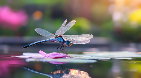 A stunning closeup of a dragonfly perched gracefully on a pink lotus petal, surrounded by serene water and gentle reflections, capturing nature's beauty.の素材
