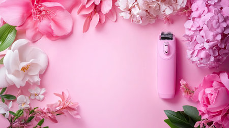 Fresh and vibrant pink hair trimmer placed among delicate flowers on a soft pink backdrop. Perfect for beauty and grooming themes, this image captures elegance and modern aesthetics.の素材