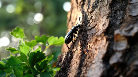 A close-up view of a black beetle climbing the rough brown bark of a tree. Lush green leaves surround the scene, showcasing the beauty of nature.の素材